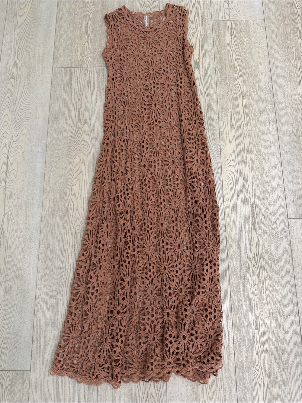 Norma Kamali Crochet Floral Maxi Dress in Rust Brown